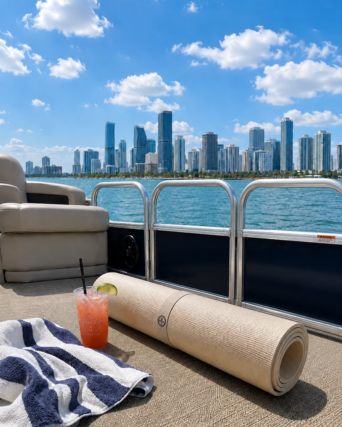 Pontoon deck with a yoga mat, striped towel, and tropical drink against the Miami skyline