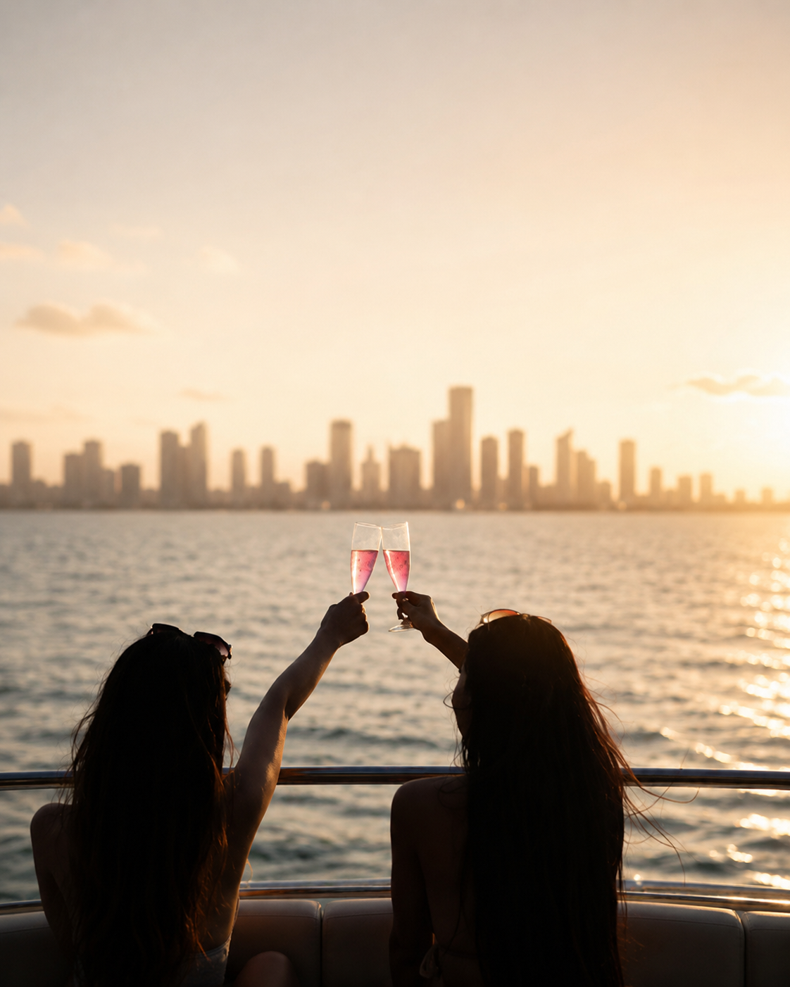 Champagne toast at Miami sunset from a catamaran deck